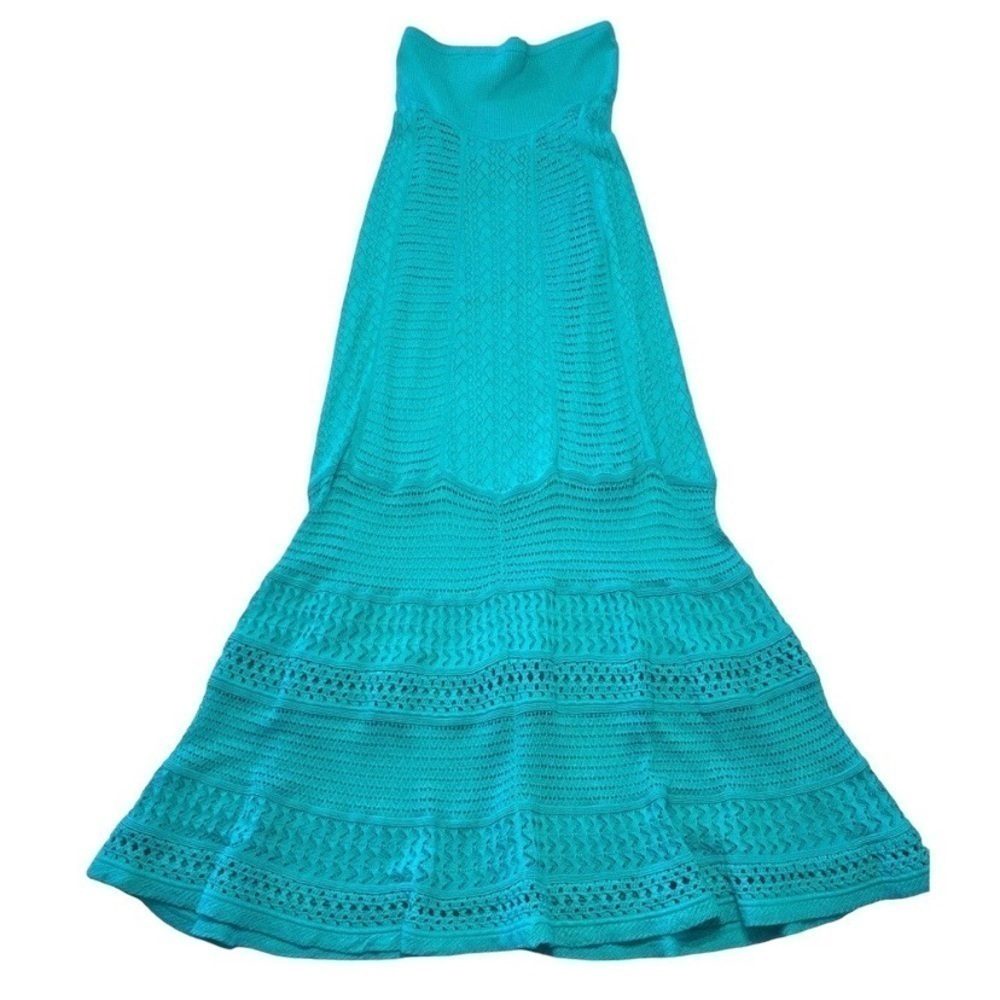 Catherine Maladrino Strapless Teal Long Maxi Crocheted Dress - Size Small